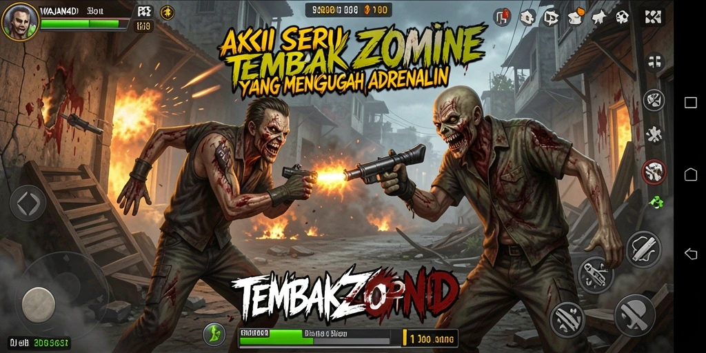 Tampilan antarmuka WAJAN4D dengan aksi menembak zombie yang mendebarkan.